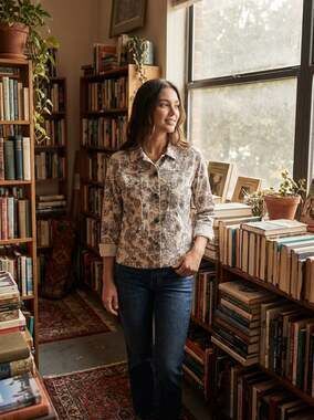 Christopher & Banks tan/cream floral bling-button Mandarin collar jacket Sz M